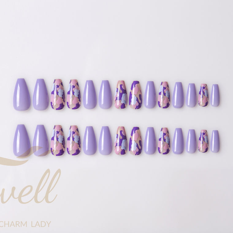 Easywell 28 pieces fake nails wholesale OEM pressed nails ladies artificial nails purple combo 14