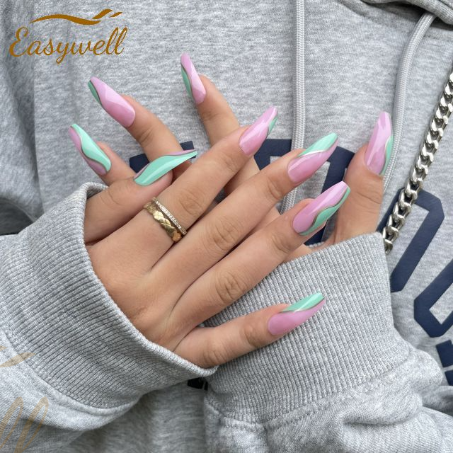 Easywell 28 pcs irregular geometric pattern coffin false press on nails custom Fake Nails 