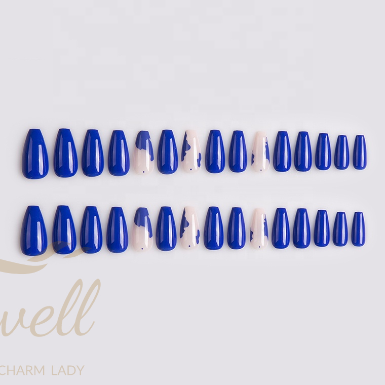 Easywell 28 pieces wholesale OEM designer pressed nails women's artificial nails blue navy style fake nails