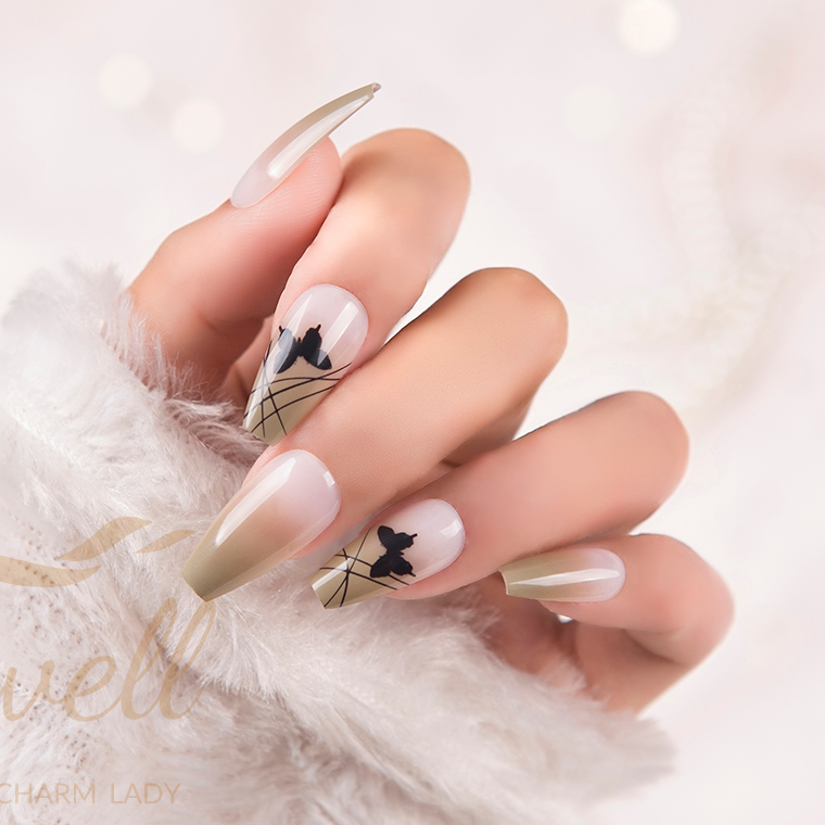 Easywell 28 pcs manufacture wholesale New Style Fashion Finger Nail Art green butterflies Decorations Private Label Press On Nails For Salon false nails