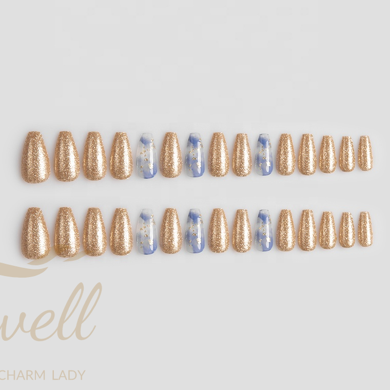 Easywell 28 pieces wholesale OEM glitter gold design artificial nails