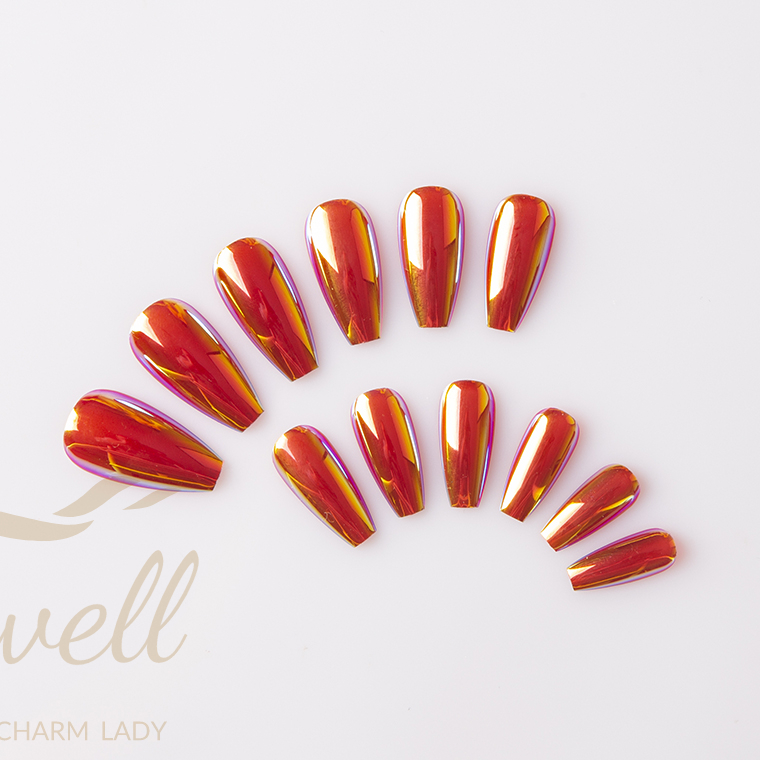 Easywell 28 pieces wholesale OEM design artificial nails Red electroplated false nails