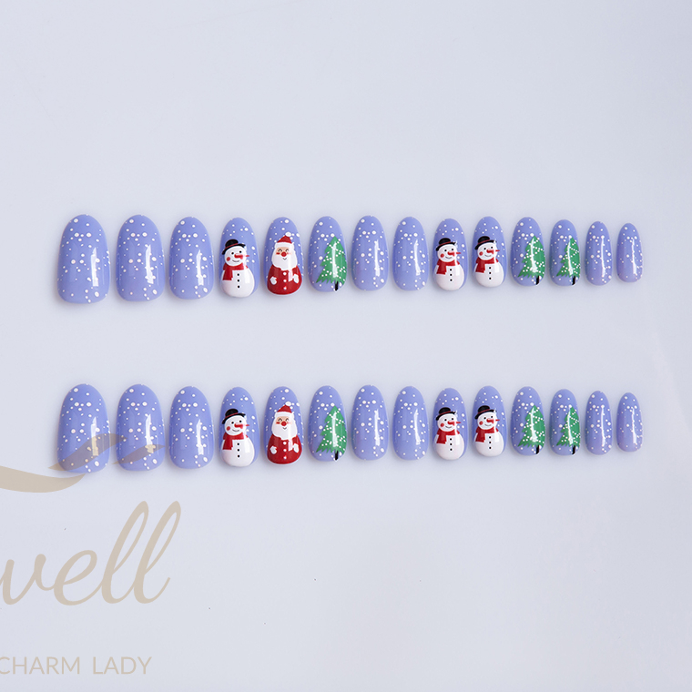 Easywell Fashion Design Christmas Theme Snowman Winter Round Oval Press Artificial Nails Fake Nails